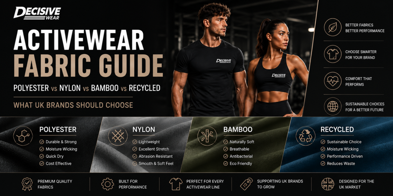 Activewear fabric guide comparing polyester, nylon, bamboo and recycled fabrics for gym wear