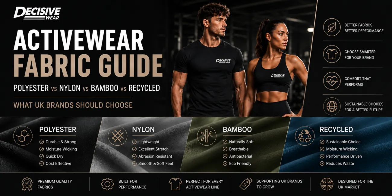 Activewear fabric guide comparing polyester, nylon, bamboo and recycled fabrics for gym wear