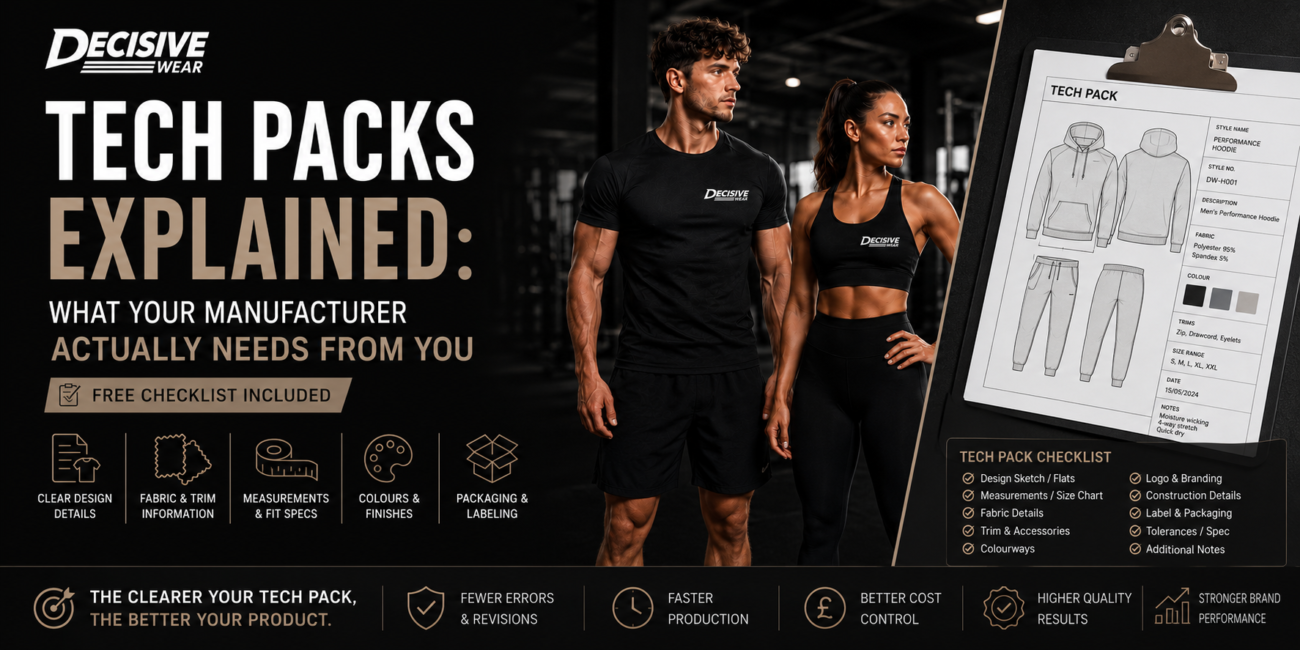 Tech pack for activewear showing flat sketches, fabric specs and measurement chart