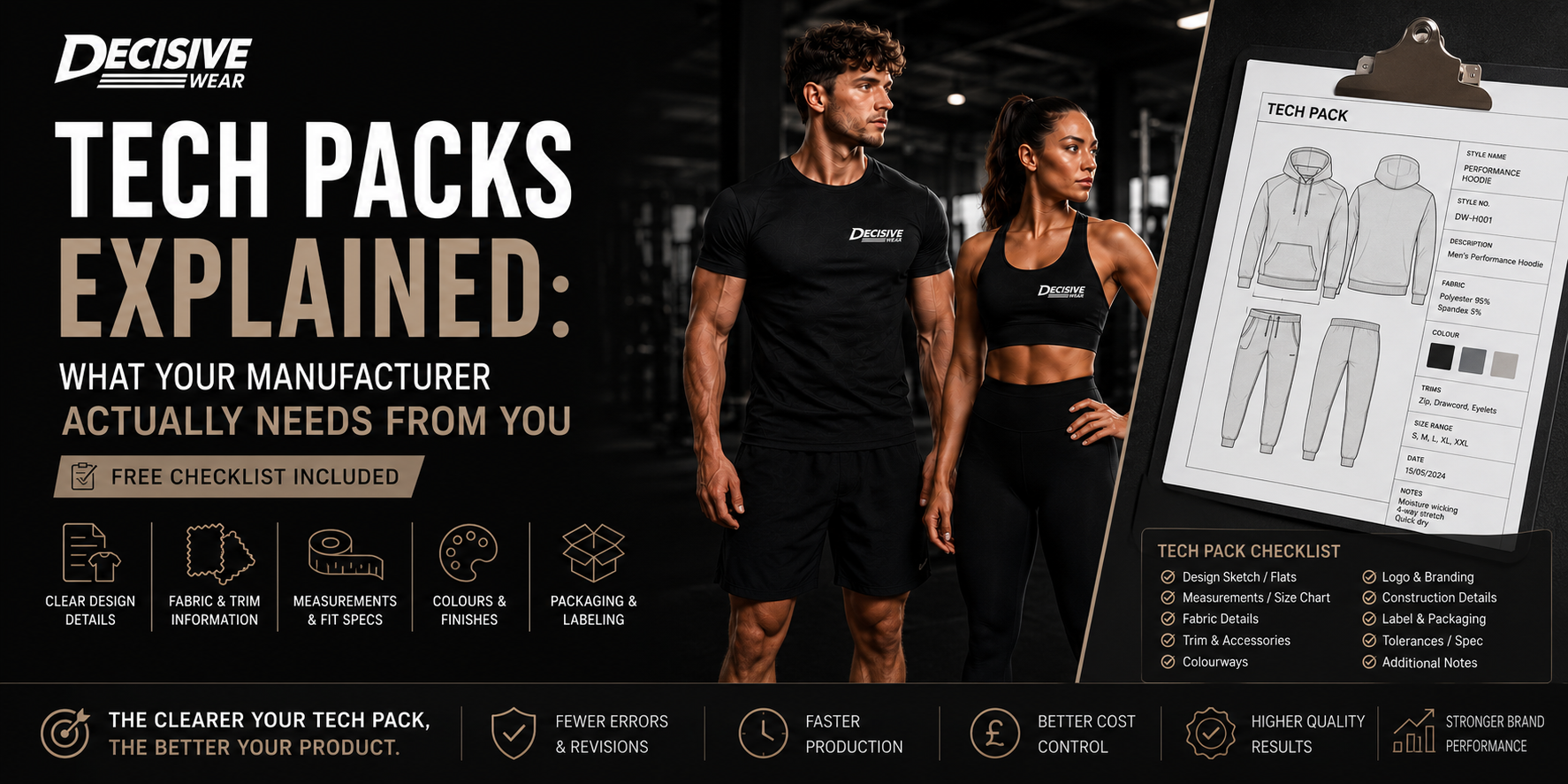 Tech pack for activewear showing flat sketches, fabric specs and measurement chart