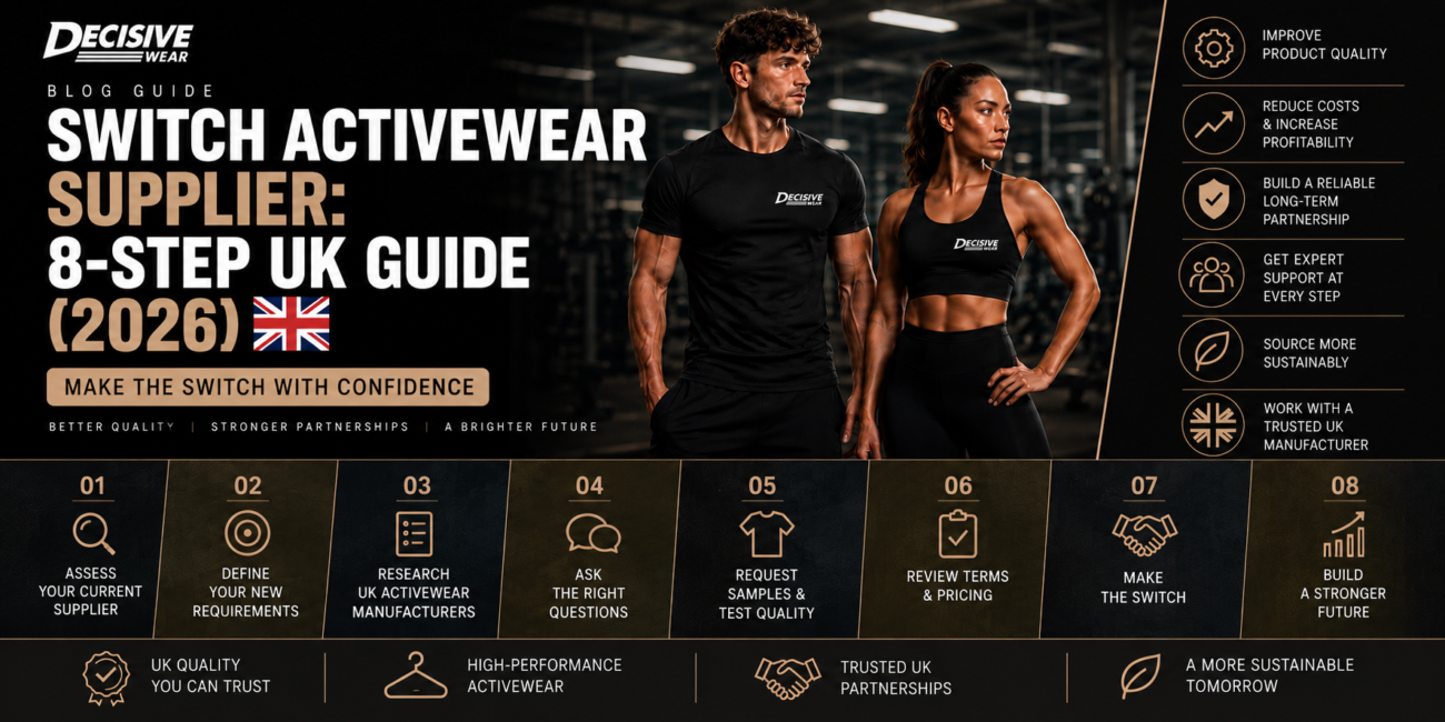 UK brand owner reviewing tech packs and fabric swatches before deciding to switch activewear supplier