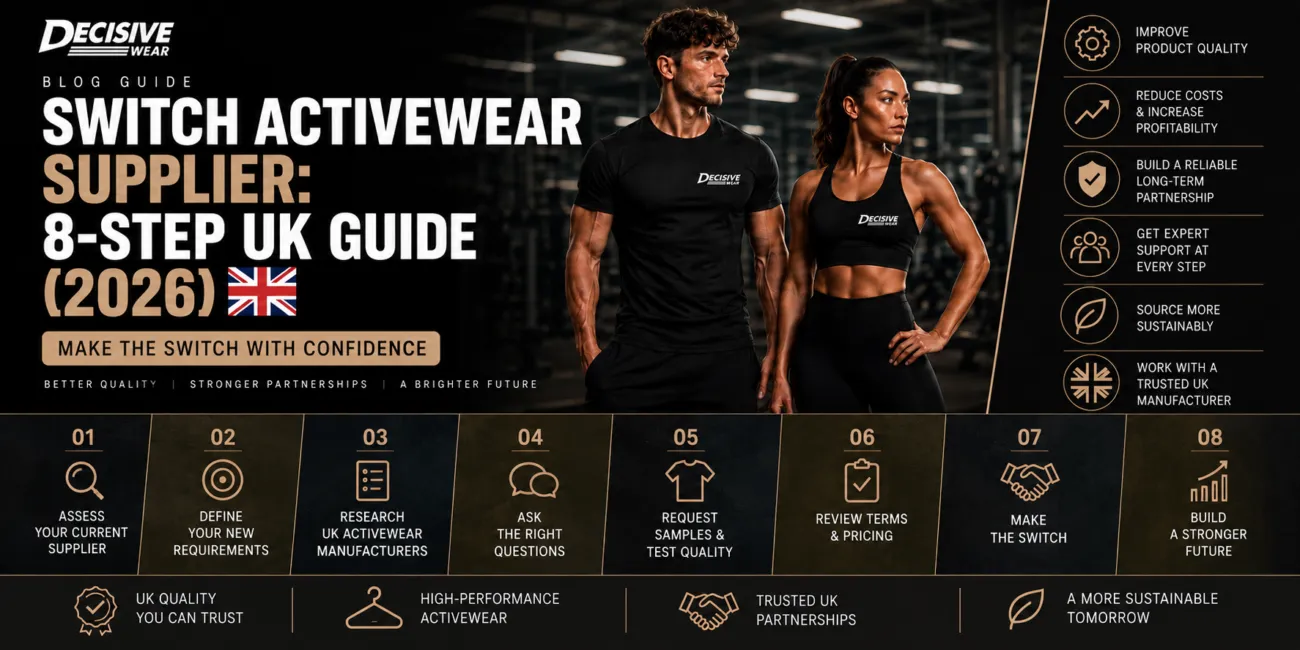 UK brand owner reviewing tech packs and fabric swatches before deciding to switch activewear supplier