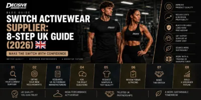 UK brand owner reviewing tech packs and fabric swatches before deciding to switch activewear supplier