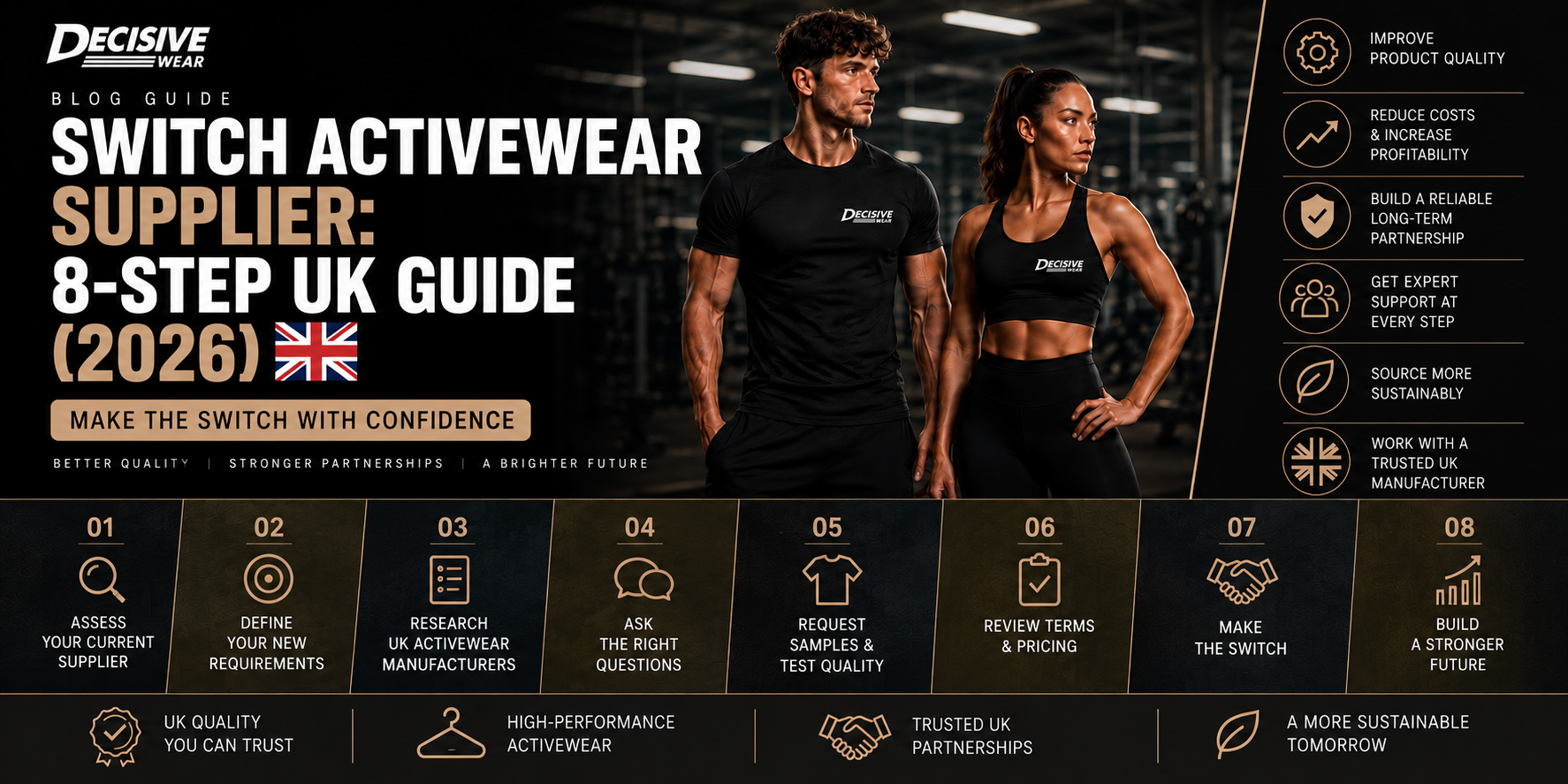 UK brand owner reviewing tech packs and fabric swatches before deciding to switch activewear supplier