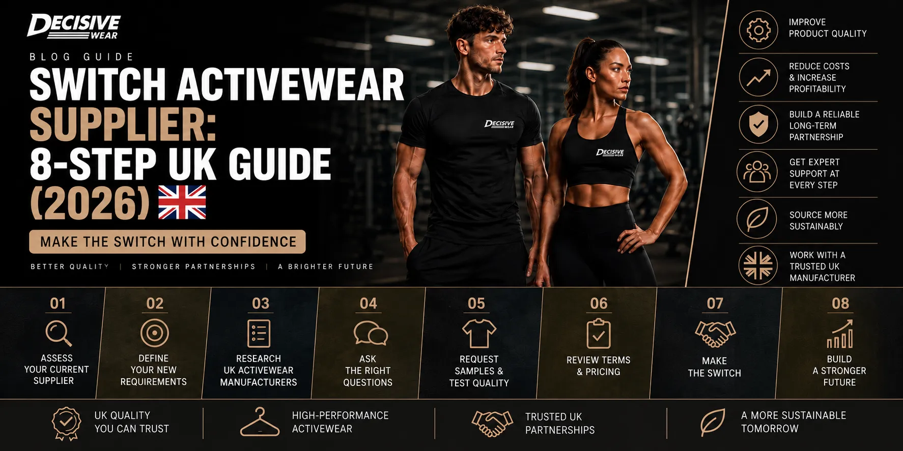 UK brand owner reviewing tech packs and fabric swatches before deciding to switch activewear supplier
