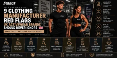 Checklist scoring nine clothing manufacturer red flags for a UK activewear brand